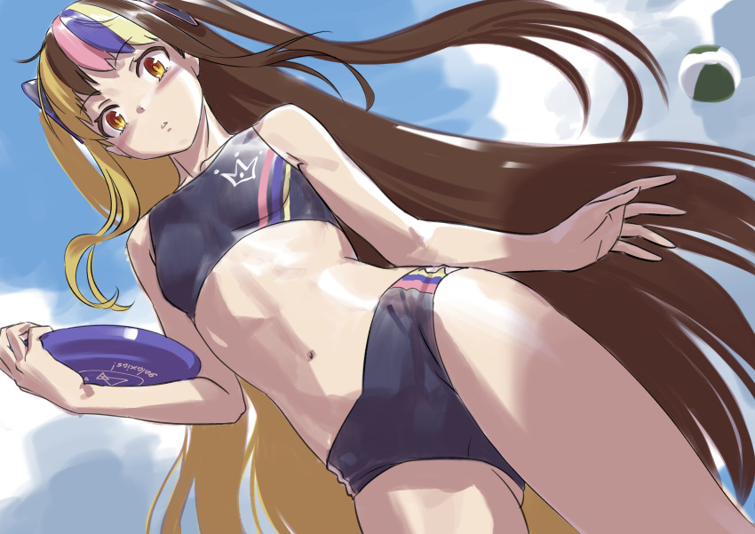 1girl absurdres ball beachball bikini blue_bikini brown_eyes brown_hair chestnut_mouth commentary cowboy_shot day dutch_angle frisbee galaco galaco_(neo) highres holding long_hair looking_at_viewer multicolored_hair outdoors parted_lips sketch solo streaked_hair swimsuit tarokazu very_long_hair vocaloid