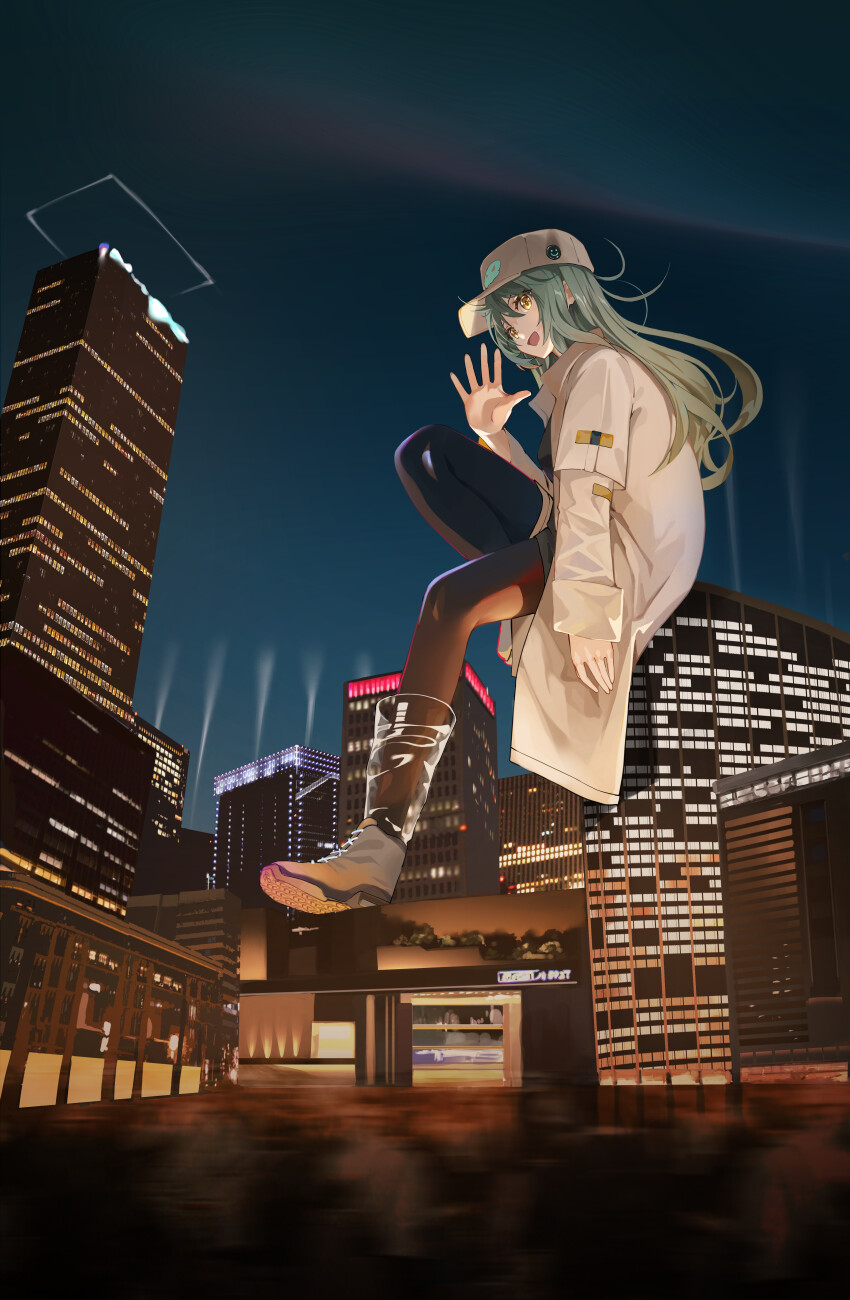 1girl absurdres antonina_(neural_cloud) aqua_hair baseball_cap black_thighhighs building giant giantess girls&#039;_frontline girls&#039;_frontline_neural_cloud hat high_heels highres jacket lab_coat long_hair looking_at_viewer night night_sky nighttsound outdoors shoes sitting skull_print sky skyscraper thighhighs white_jacket white_shoes yellow_eyes