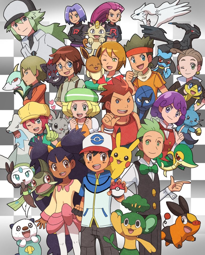 6+boys 6+girls ;d alexa_(pokemon) ash_ketchum axew baseball_cap beartic bianca_(pokemon) black_gloves black_hair black_jacket blonde_hair blue_eyes bow bowtie brown_eyes brown_hair burgundy_(pokemon) buttons cameron_(pokemon) checkered_background cilan_(pokemon) clenched_hands closed_mouth collared_shirt commentary_request crossed_arms dewott earrings eevee eyelashes gen_1_pokemon gen_4_pokemon gen_5_pokemon gen_6_pokemon georgia_(pokemon) glasses gloves green_bow green_eyes green_gloves green_hair green_neckwear grey_eyes hands_up hat headband heart helioptile highres holding holding_poke_ball index_finger_raised iris_(pokemon) jacket james_(pokemon) jessie_(pokemon) jewelry knees legendary_pokemon long_hair luke_(pokemon) meloetta meowth minccino multiple_boys multiple_girls mythical_pokemon n_(pokemon) necklace nintendo one_eye_closed open_mouth oshawott pansage pants pikachu pointing poke_ball poke_ball_(basic) pokemon pokemon_(anime) pokemon_(creature) pokemon_bw_(anime) purple_hair red_bow red_neckwear reshiram riolu sawk serperior shirt short_hair shugara sleeveless sleeveless_shirt smile snivy stephan_(pokemon) team_rocket team_rocket_uniform tepig traditional_bowtie trip_(pokemon) undershirt vest virgil_(pokemon) white_shirt wristband yellow_headwear yellow_shirt zekrom zorua