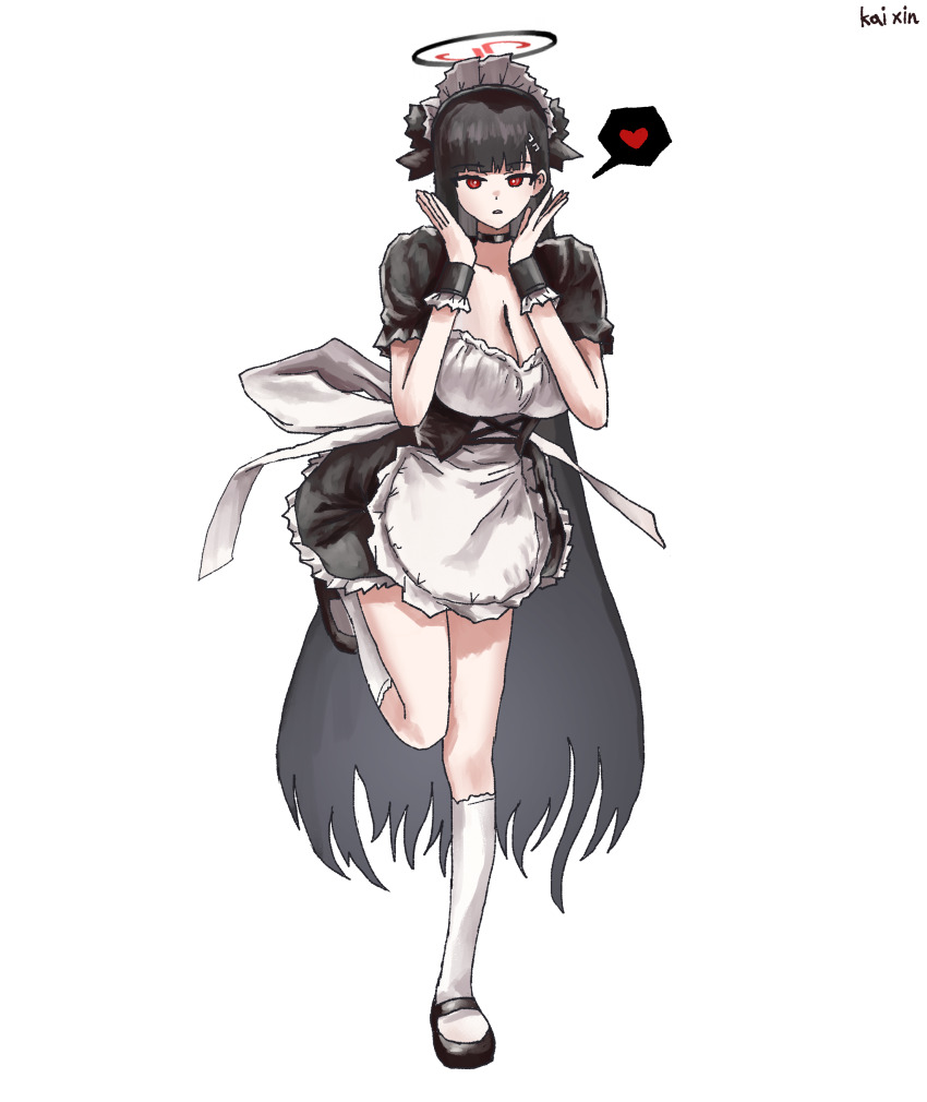 1girl absurdres alternate_costume apron black_bow black_choker black_dress black_hair black_shoes blue_archive blunt_bangs bow breasts choker cleavage dress hair_behind_ear hair_bow hair_ornament hairband hairclip heart highres kai_xin kneehighs large_breasts long_hair looking_at_viewer maid maid_apron maid_headdress rio_(blue_archive) shoes short_dress short_sleeves socks solo standing standing_on_one_leg white_apron white_hairband white_socks
