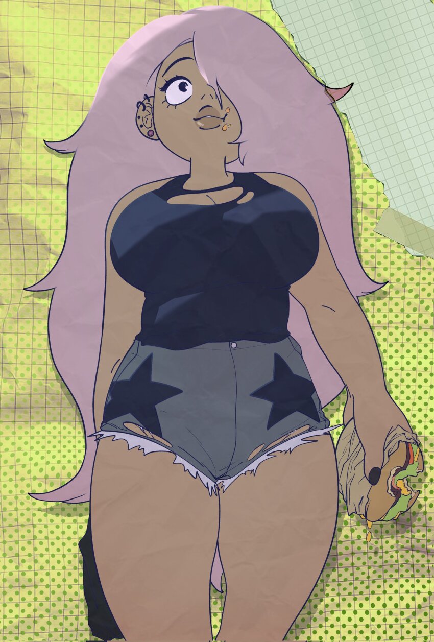 1girl amethyst_(steven_universe) bare_legs breasts burger dark-skinned_female dark_skin earrings eyelashes food frayed_shorts hair_over_one_eye high-waist_shorts highres holding holding_burger holding_food humanization jewelry large_breasts long_hair multiple_earrings purple_hair shorts solo star_(symbol) star_print steven_universe stud_earrings tank_top theminkeyes thick_lips thick_thighs thighs torn_clothes very_long_hair