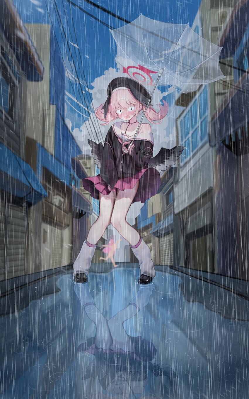 &lt;|&gt;_&lt;|&gt; 2girls absurdres beret black_choker black_hat black_shirt black_shoes black_wings blue_archive blue_sky blush choker clothes_lift cloud collarbone completely_nude covering_crotch covering_privates cumulonimbus_cloud day exhibitionism feathered_wings female_pervert floating_hair full_body furrowed_brow halo hanako_(blue_archive) hashtag-only_commentary hat head_wings highres holding holding_umbrella hyurumari kneehighs knees_together_feet_apart koharu_(blue_archive) loafers long_hair loose_socks low_wings medium_hair miniskirt motion_blur multiple_girls neckerchief nose_blush nude open_mouth outdoors panties pantyshot perspective pervert pink_hair pink_neckerchief pink_skirt pleated_skirt public_indecency puddle rain red_halo reflection reflective_water ripples sailor_collar school_uniform serafuku shirt shoes single_bare_shoulder skirt skirt_lift sky sleeves_past_wrists socks solo_focus standing storm striped_clothes striped_panties transparent transparent_umbrella twintails umbrella underwear wavy_mouth white_sailor_collar white_socks wind wind_lift wings