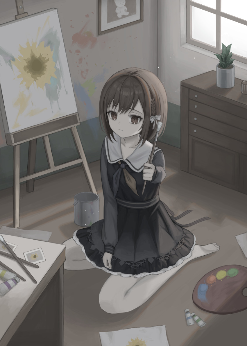1girl absurdres barefoot black_dress bow braid brown_eyes brown_hair cabinet canvas_(object) closed_mouth collarbone commentary dress easel flower hair_bow highres holding holding_paintbrush indoors kkamkkam long_sleeves looking_at_viewer neckerchief paint_can paint_palette paint_tube paintbrush painting_(object) picture_frame plant potted_plant project_sekai sailor_collar seiza shinonome_ena short_hair sitting solo sunflower symbol-only_commentary two-tone_neckerchief white_bow white_sailor_collar window