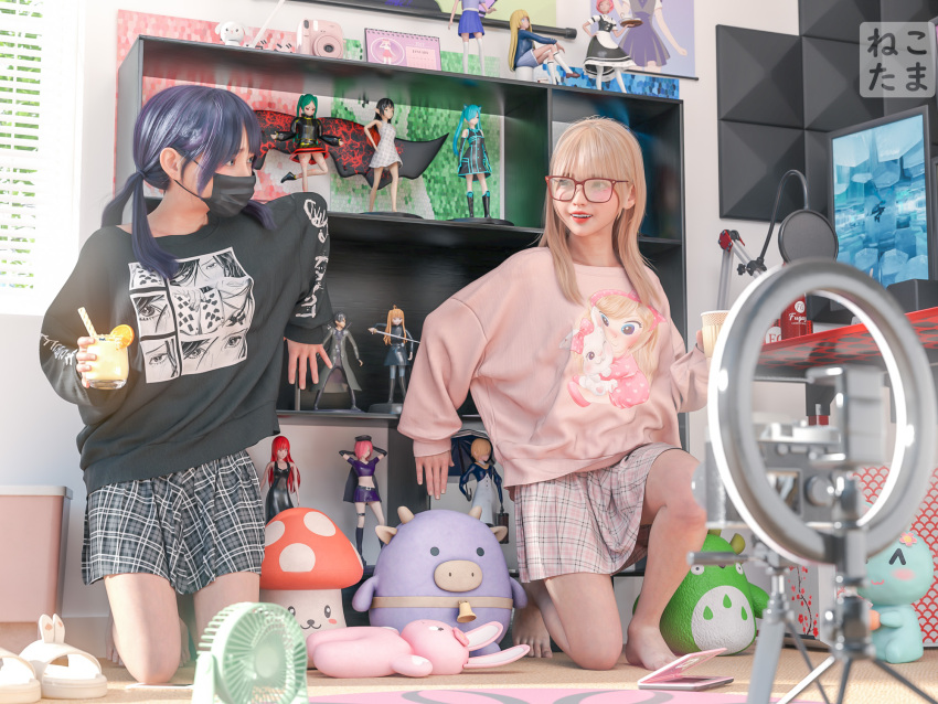 2girls 3d blonde_hair camera figure glasses highres long_hair mask mouth_mask multiple_girls nekotamamofu nichijou otaku_room pink_theme school_uniform skirt thighs twintails yuri