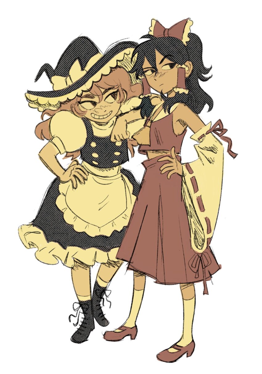 2girls apron armpit_peek ascot black_footwear black_hair black_headwear black_skirt black_vest blonde_hair bow closed_mouth flandrepudding frilled_apron frilled_bow frilled_hair_tubes frilled_skirt frills full_body hair_between_eyes hair_bow hair_tubes hakurei_reimu hat hat_bow hat_ribbon highres kirisame_marisa leaning_on_person looking_at_viewer mary_janes medium_hair multiple_girls open_mouth puffy_short_sleeves puffy_sleeves red_bow red_footwear red_ribbon red_shirt red_skirt ribbon ribbon-trimmed_sleeves ribbon_trim shirt shoes short_sleeves simple_background skirt sleeveless sleeveless_shirt socks teeth touhou vest waist_apron white_apron white_background white_bow white_ribbon white_shirt white_socks wide_sleeves witch_hat yellow_ascot