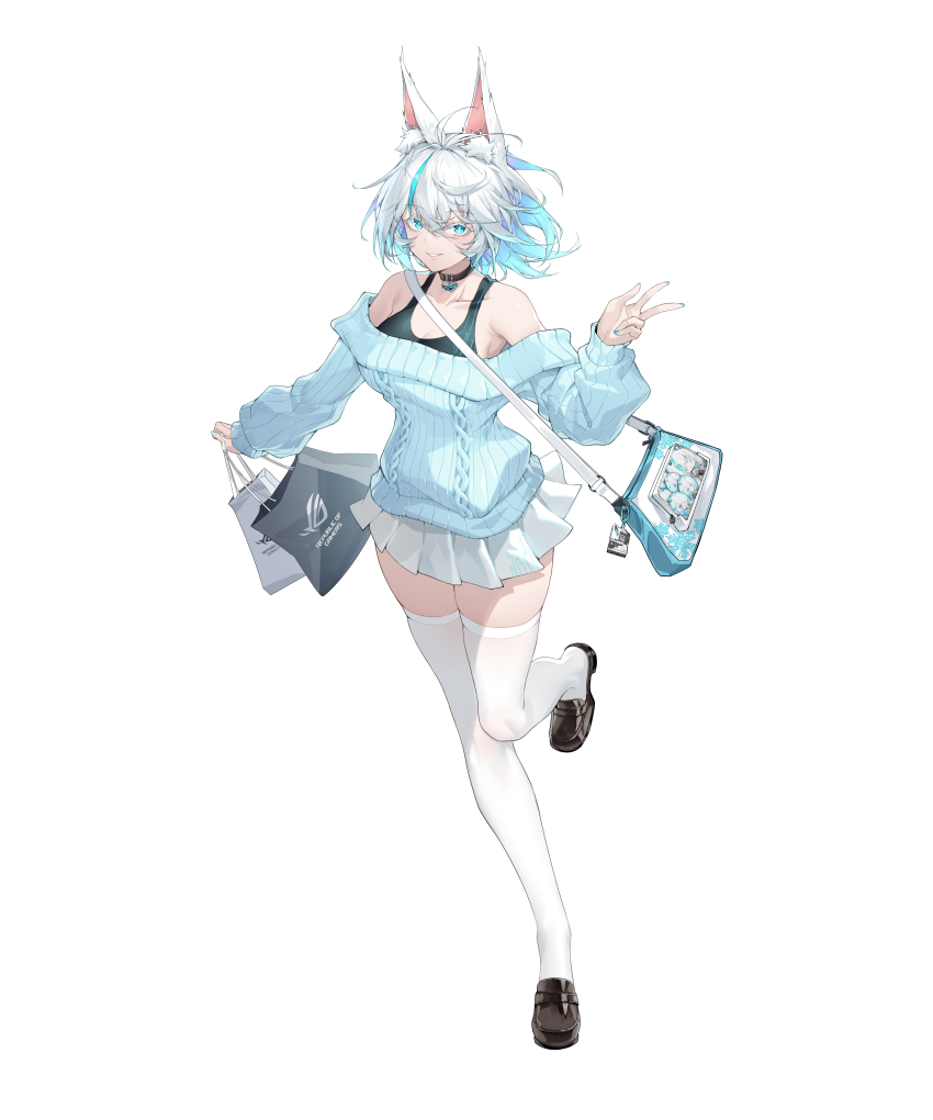 1girl absurdres animal_ear_fluff animal_ears antenna_hair asus bag black_choker black_shoes black_tank_top blue_eyes blue_hair blue_nails blue_sweater breasts casual choker cleavage collarbone colored_inner_hair commentary_request full_body highres holding holding_bag leg_up light_blue_hair loafers long_sleeves looking_at_viewer medium_breasts medium_hair miniskirt multicolored_hair nail_polish off-shoulder_sweater off_shoulder official_art parted_lips pleated_skirt ro_ji_(asus) shanyao_jiang_tororo shoes shopping_bag short_hair shoulder_bag simple_background skirt solo streaked_hair sweater tachi-e tank_top thighhighs two-tone_hair w white_background white_hair white_skirt white_thighhighs zettai_ryouiki