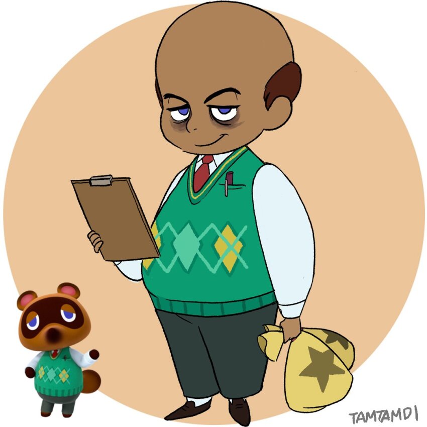 1boy animal_crossing bags_under_eyes balding black_pants blue_eyes breast_pocket brown_footwear brown_hair clipboard dark-skinned_male dark_skin full_body green_sweater_vest holding holding_clipboard holding_sack humanization necktie nintendo object_in_pocket pants pen_in_pocket pocket red_necktie reference_inset sack shirt signature sweater_vest tamtamdi tom_nook_(animal_crossing) white_shirt