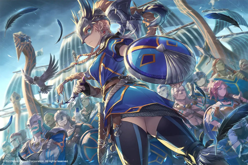 1girl animal axe belt bird black_thighhighs blonde_hair blue_dress blue_eyes braid brown_belt closed_mouth copyright_notice crow dress feathers floating_hair helmet holding holding_axe holding_shield holding_weapon karja_balta long_hair looking_at_viewer official_art outdoors profile rain shield ship thighhighs third-party_source toi8 viking watercraft weapon winged_helmet ys ys_x_nordics