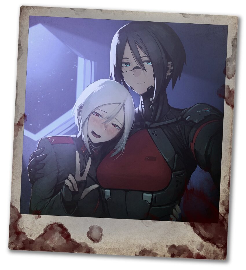 2girls ariane_yeong black_bodysuit black_gloves black_hair black_jacket blue_eyes blush bodysuit elster_(signalis) fingerless_gloves gloves hetza_(hellshock) highres hug jacket looking_at_viewer multiple_girls photo_(object) selfie short_hair signalis smile uniform upper_body v white_hair