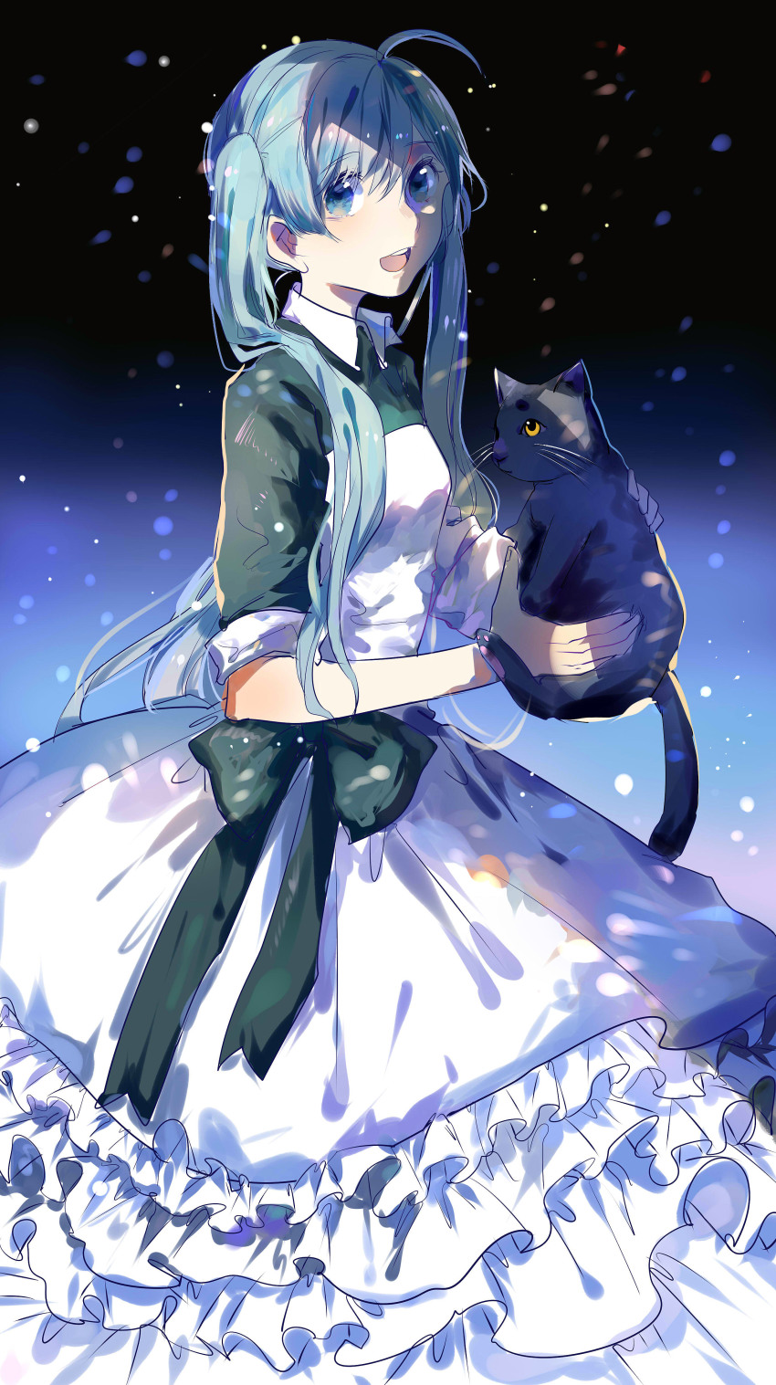 1girl absurdres aqua_eyes aqua_hair cat dress female_focus hatsune_miku highres jamjar77 long_hair looking_at_viewer open_mouth solo twintails vocaloid
