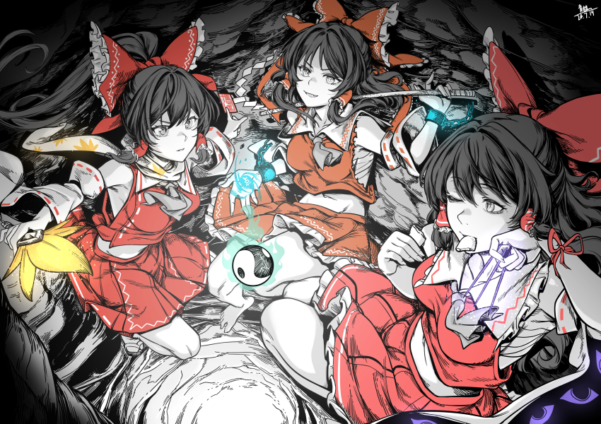 3girls absurdres armpits ascot bare_legs bare_shoulders barefoot black_hair bow breasts chest_sarashi chinese_commentary commentary_request detached_sleeves eating frills hair_bow hair_tubes hakurei_reimu hand_fan hand_on_own_face hauchiwa highres holding holding_fan hole limited_palette looking_at_another lying midriff multiple_girls multiple_persona one_eye_closed orb qingwa_chi_she red_bow sarashi scarf skirt subterranean_animism touhou wrist_cuffs yin_yang yin_yang_orb