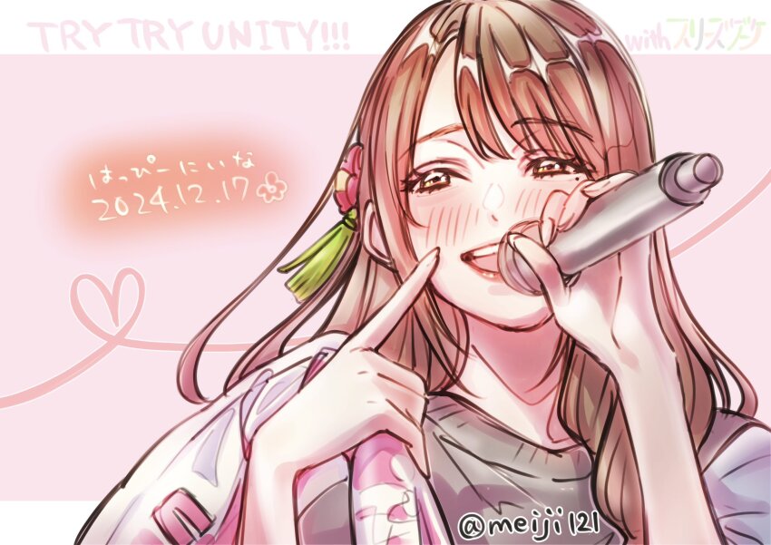 1girl 3rd_live_tour_try_tri_unity!!! :d animification black_shirt blush finger_to_cheek flower_symbol group_name half-closed_eyes hanamiya_nina heart heart_of_string highres holding holding_microphone holding_towel index_finger_raised letterboxed link!_like!_love_live! love_live! meiji_(mosamoo3) microphone mole mole_under_eye open_mouth outside_border pink_background portrait real_life shirt smile solo t-shirt teeth towel twitter_username upper_teeth_only voice_actor