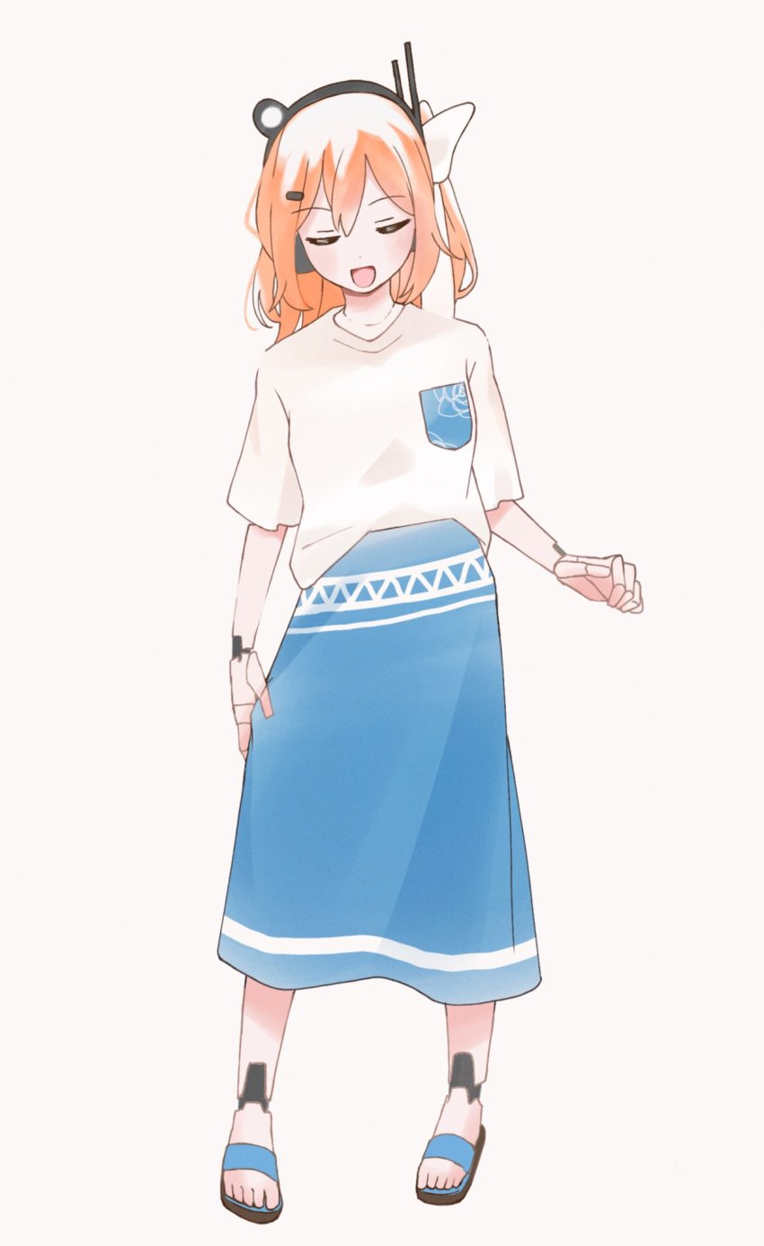 1girl a.i._voice adachi_rei android black_headwear blue_skirt breast_pocket closed_eyes clothes_pull full_body hair_ornament hair_ribbon hairclip hand_up headlamp headset highres holding joints light_blush long_skirt loose_clothes loose_shirt medium_hair open_mouth orange_hair pigeon-toed pocket radio_antenna ribbon robot_joints sabiwo sandals shirt side_ponytail sidelocks simple_background skirt skirt_hold smile solo utau white_background white_ribbon white_shirt