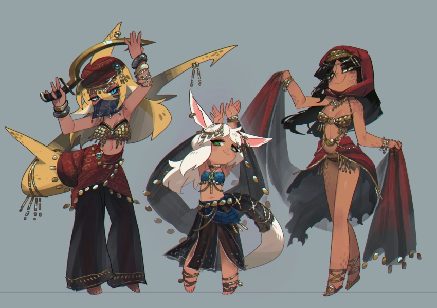 3girls :3 animal_ears anklet arms_up barefoot black_hair blonde_hair blue_eyes bracelet commentary dancer dark-skinned_female dark_skin earrings english_commentary fantasy fins fish_tail full_body green_eyes grey_background grin hair_between_eyes highres holding holding_weapon jewelry khopesh looking_at_viewer mouth_veil multiple_girls navel necklace original porforever shark_girl shark_tail shawl smile tail veil weapon white_hair yellow_eyes