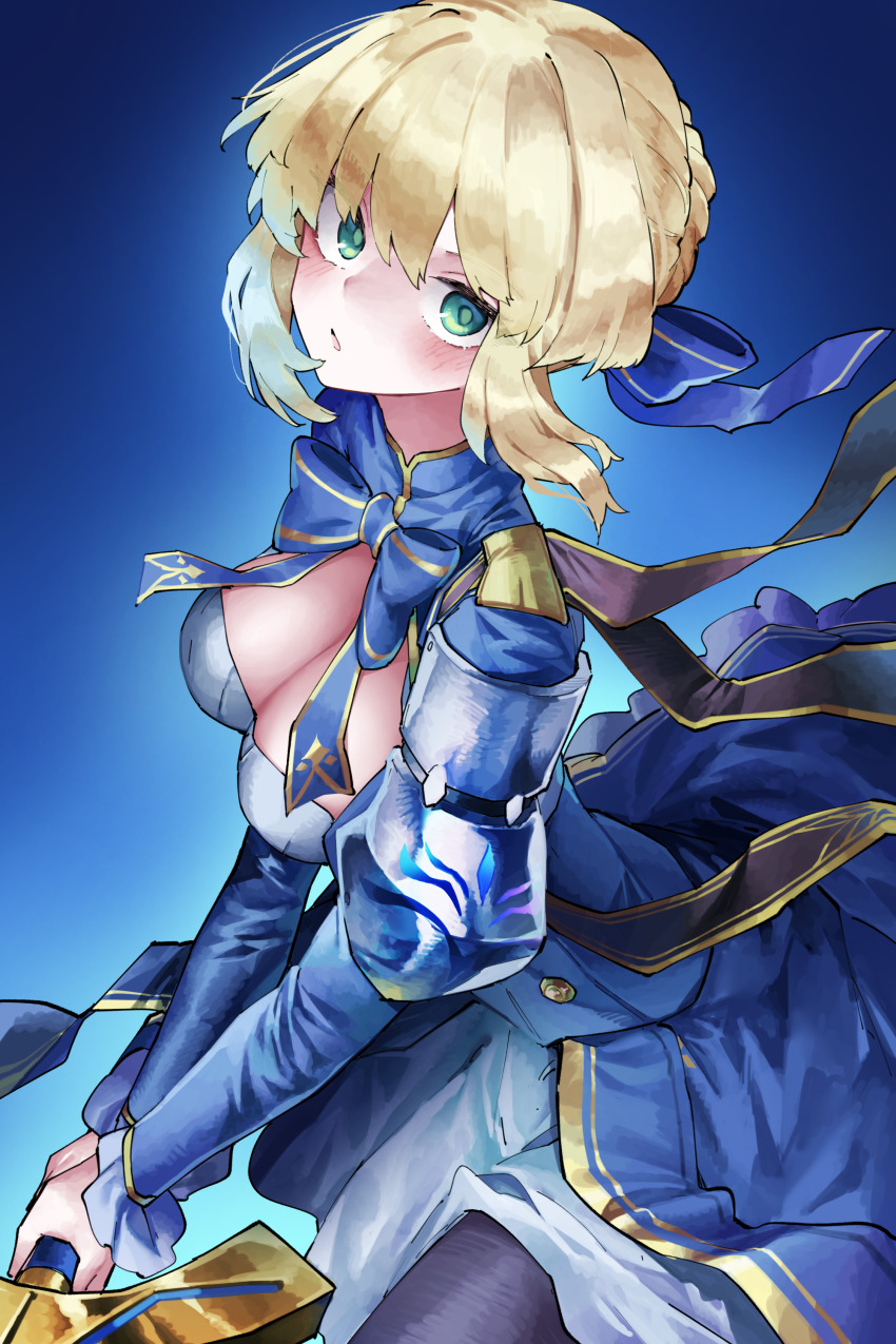 1girl absurdres artoria_pendragon_(fate) blonde_hair blue_background blue_bow blue_bowtie blue_dress bow bowtie braid braided_bun breasts cleavage commentary_request crossover dress excalibur_(fate/stay_night) fate/stay_night fate/unlimited_blade_works fate_(series) green_eyes hair_bun highres holding holding_sword holding_weapon honkai:_star_rail honkai_(series) medium_breasts saber_(fate) saber_(honkai:_star_rail)_(fate) short_hair solo sword vivo_(vivo_sun_0222) weapon