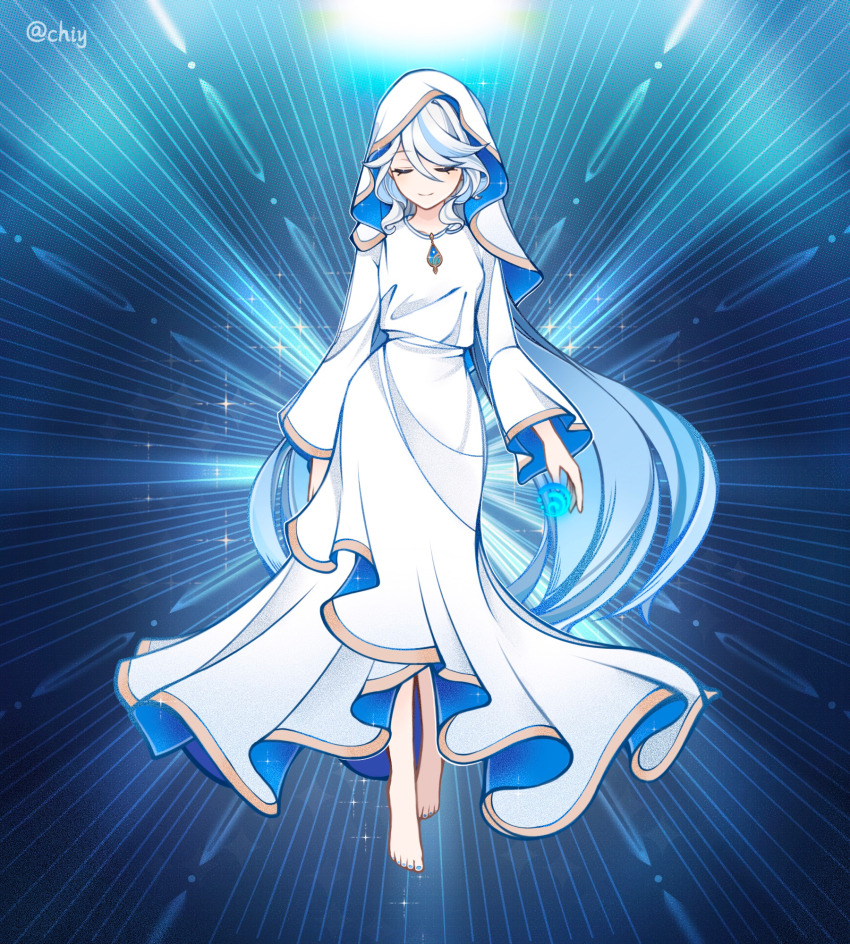 1girl barefoot blue_hair chishahaone closed_eyes dress furina_(genshin_impact) genshin_impact highres hood hood_up long_hair long_sleeves multicolored_hair official_style statue_of_the_seven streaked_hair swept_bangs very_long_hair white_dress white_hair