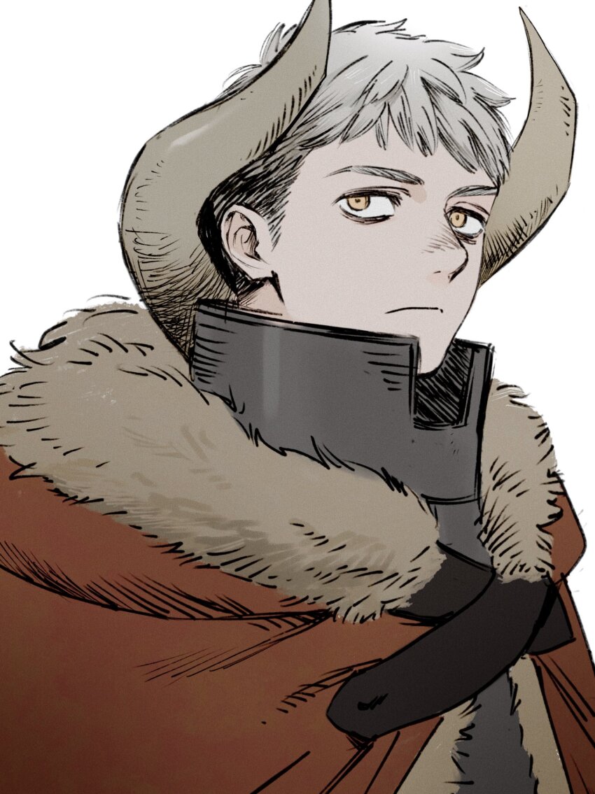 1boy alternate_universe armor bags_under_eyes breastplate cloak dungeon_meshi fake_horns frs2 fur-trimmed_cloak fur_trim gorget grey_hair highres horns laios_touden light_frown looking_afar male_focus plate_armor portrait red_cloak short_hair solo white_background yellow_eyes