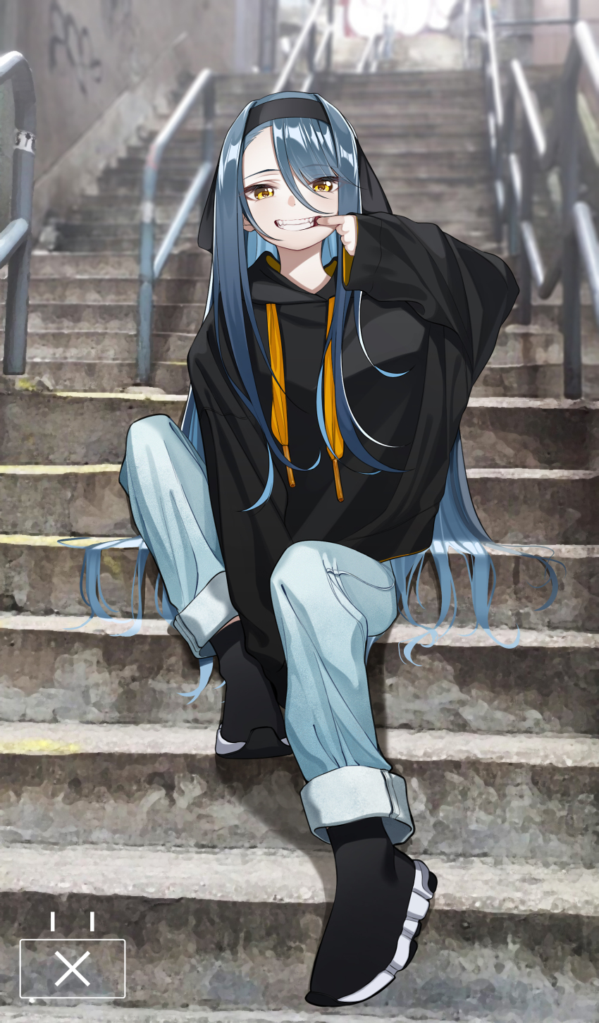 1girl absurdres between_legs black_boots black_hoodie black_ribbon blue_hair blue_pants boots fangs full_body grin hair_between_eyes hair_flowing_over hair_ribbon hair_strand hairband hand_between_legs highres hood hood_down hoodie knee_up long_hair long_sleeves looking_at_viewer mouth_pull original outdoors pants pants_rolled_up railing ribbon sitting sitting_on_stairs sleeves_past_wrists smile solo stairs the_cold very_long_hair yellow_eyes