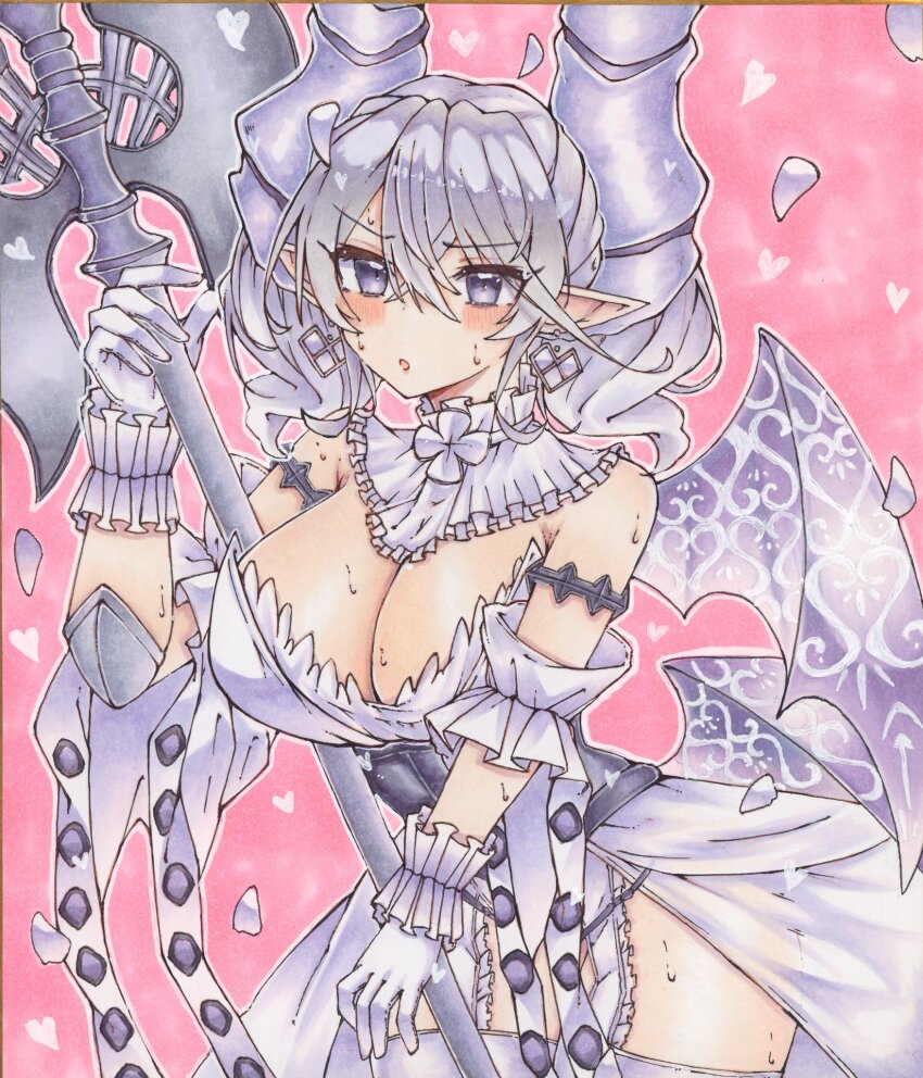 1girl armored_corset blush breasts cleavage demon_girl demon_horns demon_wings detached_collar dress duel_monster grey_eyes grey_hair highres holding holding_polearm holding_weapon horns huge_breasts ichinose_haruka looking_at_viewer lovely_labrynth_of_the_silver_castle marker_(medium) photo_(medium) pointy_ears polearm standing strapless strapless_dress sweat traditional_media twintails weapon white_dress wings yu-gi-oh!