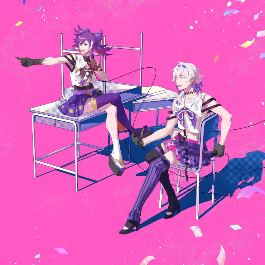 2boys absurdres alternate_costume banzoin_hakka black_gloves black_skin blue_eyes blue_hair boots colored_extremities colored_skin commentary crossdressing desk diamond_choker english_commentary eyelashes full_body gavis_bettel gloves gradient_skin grey_hair hair_between_eyes heterochromia high_heel_boots high_heels highres holding holding_microphone holostars holostars_english jewelry long_hair lynnear male_focus medium_hair microphone multicolored_hair multicolored_skin multiple_boys on_desk open_mouth pink_background pink_eyes pink_hair pointing ponytail purple_hair sandals school_desk shirt sitting skirt smile streaked_hair thigh_boots virtual_youtuber white_hair wire