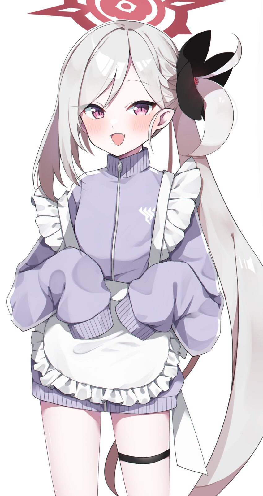 1girl absurdres alternate_costume apron blue_archive grey_hair gym_uniform halo highres jacket murase48 mutsuki_(blue_archive) purple_eyes purple_jacket side_ponytail solo twitter