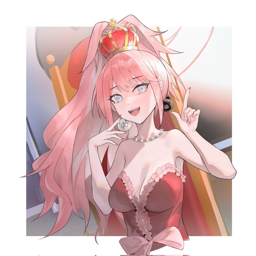 1girl :d bare_arms bare_shoulders bear_earrings blue_eyes border bow breasts center_frills cleavage commentary corrupted_twitter_file crown danganronpa:_trigger_happy_havoc danganronpa_(series) deadman70232800 dress dress_bow earrings english_commentary enoshima_junko eyelashes fingernails frilled_dress frills hands_up highres index_finger_raised jewelry large_breasts long_fingernails long_hair looking_at_viewer nail_polish necklace official_alternate_costume open_mouth pearl_necklace pink_bow pink_hair ponytail red_dress red_nails sidelighting sidelocks smile solo strapless strapless_dress swept_bangs teeth tsurime upper_body upper_teeth_only very_long_hair white_border
