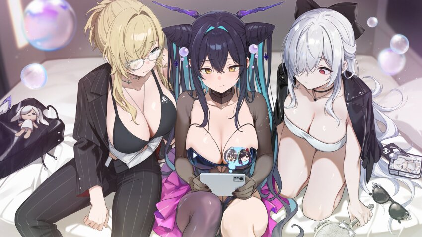 3girls azuki_yui blonde_hair breasts cellphone cinderella_(beautiful_me)_(nikke) cinderella_(nikke) cleavage dress formal_clothes goddess_of_victory:_nikke grave_(beautiful_you)_(nikke) grave_(nikke) grey_hair hair_over_one_eye highres holding holding_phone jacket large_breasts little_mermaid_(nikke) mihara_(bonding_chain)_(nikke) mihara_(nikke) mori_(nikke) multiple_girls official_alternate_costume open_clothes open_jacket pant_suit pants phone pinstripe_pants pinstripe_pattern pinstripe_suit smartphone suit
