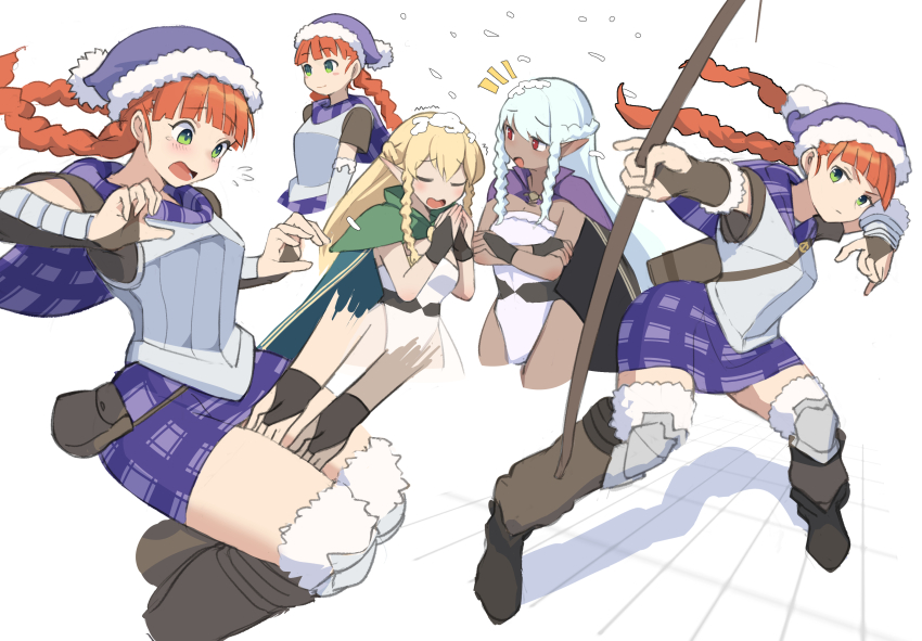 3girls absurdres aqua_hair archery armor blonde_hair blush bow_(weapon) braid breastplate breasts capelet cloak dark-skinned_female dark_elf dark_skin dress elf eltolinde_(unicorn_overlord) fur-trimmed_headwear fur_trim green_eyes hand_between_thighs hat highres holding holding_bow_(weapon) holding_weapon leotard long_hair medaman multiple_girls open_mouth orange_hair plaid_clothes plaid_skirt pointy_ears purple_capelet purple_skirt quiver red_eyes rosalinde_(unicorn_overlord) siblings simple_background sisters skirt smile strapless thighs twin_braids twins unicorn_overlord very_long_hair weapon white_leotard yunifi_(unicorn_overlord)