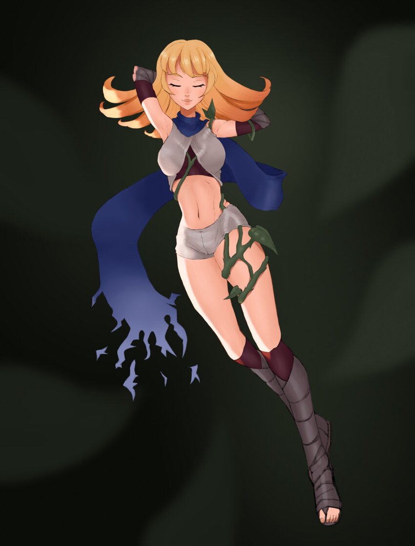 1girl arms_behind_head blonde_hair blue_scarf breasts closed_eyes countgalatea full_body green_background highres kid_icarus kid_icarus_uprising midriff navel nintendo phosphora plant scarf shorts solo vines white_shorts