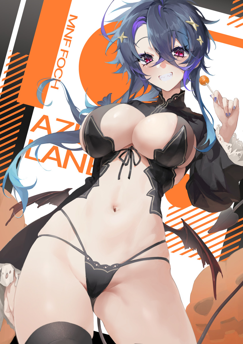1girl absurdres ahoge alternate_costume azur_lane bikini bikini_bottom_only black_bikini black_shrug black_thighhighs breasts candy character_name chupa_chups cleavage commentary copyright_name cowboy_shot crossed_bangs demon_tail demon_wings fake_tail fake_wings foch_(azur_lane) food grey_hair grin hair_between_eyes hair_ornament halloween_costume highres jack-o&#039;-lantern large_breasts lollipop long_hair long_sleeves looking_at_viewer low_wings metaume multicolored_hair navel pink_eyes purple_hair purple_nails sharp_teeth shrug_(clothing) sidelocks skindentation smile solo standing star_(symbol) star_hair_ornament stomach swimsuit symbol-only_commentary tail teeth thighhighs wings