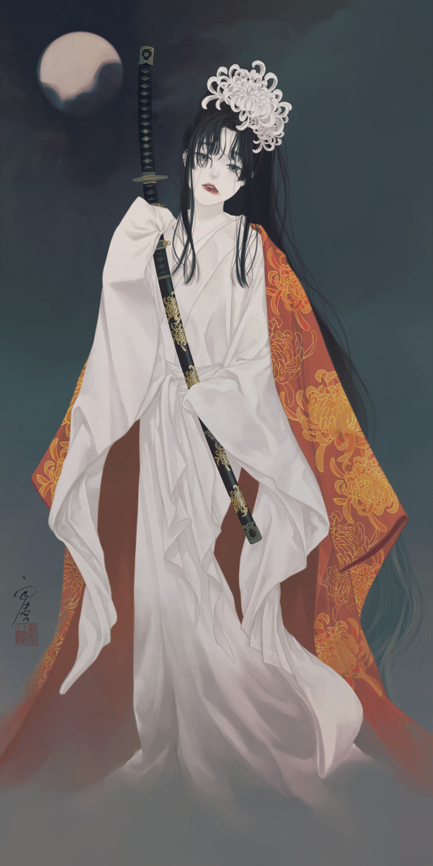 1girl absurdres black_hair chrysanthemum chrysanthemum_print cloak floral_print flower fog full_body full_moon grey_background grey_eyes hair_flower hair_ornament hair_over_eyes head_tilt highres holding holding_sheath holding_sword holding_weapon japanese_clothes katana kimono long_hair long_sleeves looking_at_viewer menuki moon orange_cloak original parted_lips print_cloak red_cloak seal_impression sheath sheathed sidelocks signature sleeves_past_fingers sleeves_past_wrists solo standing sword tachi_(weapon) ushiyama_ame very_long_hair weapon white_flower white_kimono wide_sleeves