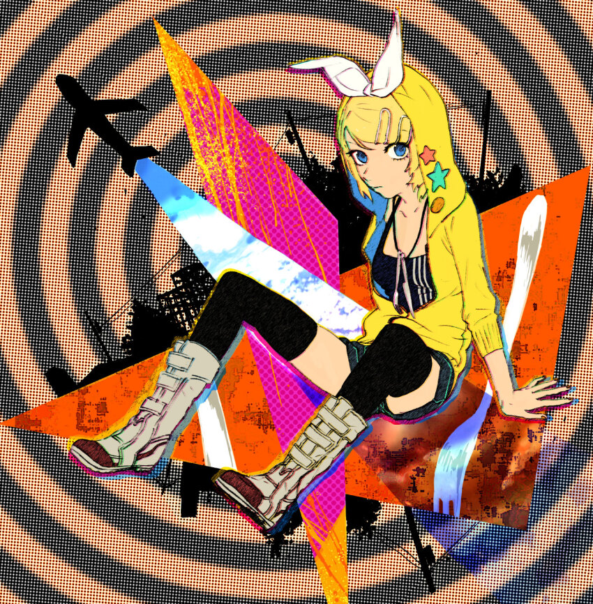 1girl aircraft airplane black_shirt black_thighhighs blonde_hair blue_eyes boots collarbone eyelashes fork hair_ornament hairclip highres hood hoodie jewelry kagamine_rin knife mitosa necklace serious shirt short_hair shorts sitting solo spiral spiral_background star_(symbol) thighhighs utility_pole vocaloid white_boots yellow_hoodie