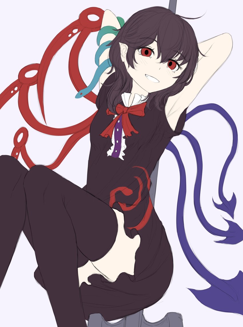 1girl absurdres asymmetrical_wings black_dress black_hair black_thighhighs blue_wings bow bowtie center_frills commentary dress feet_out_of_frame frills hashtag-only_commentary highres houjuu_nue looking_at_viewer messy_hair pointy_ears polearm pygrenix red_bow red_bowtie red_eyes red_wings short_hair short_sleeves simple_background snake_armband solo thighhighs touhou weapon wings