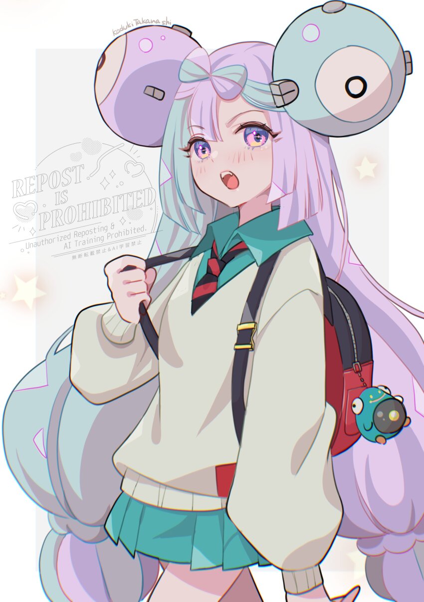 1girl :o absurdres amate_yuzuriha amate_yuzuriha_(cosplay) artist_name backpack bag bellibolt black_necktie blue_hair blush bow-shaped_hair character_charm character_hair_ornament charm_(object) collared_shirt cosplay cowboy_shot creatures_(company) eyelashes game_freak green_shirt green_skirt gundam gundam_gquuuuuux hair_ornament highres iono_(pokemon) long_hair long_sleeves looking_at_viewer mizuiro123 multicolored_hair necktie nintendo open_mouth pink_eyes pink_hair pleated_skirt pokemon pokemon_sv red_necktie school_uniform shirt skirt solo star_(symbol) sweater teeth twintails two-tone_hair two-tone_necktie upper_teeth_only very_long_hair
