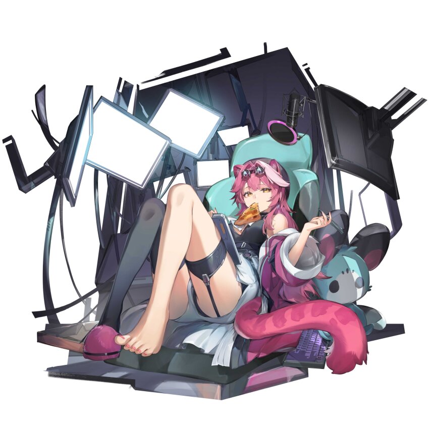 1girl absurdres animal_ears barefoot beret black_hat black_panties black_shirt black_thighhighs breasts center-flap_bangs chair chattino_(raora_panthera) commentary computer_keyboard double-parted_bangs extra_ears feet full_body goggles goggles_on_head hat high-waist_shorts highres hololive hololive_english jacket knees_up large_breasts long_hair looking_at_viewer medium_breasts microphone monitor mouth_hold multicolored_hair newbie_(newbie_132) on_chair panther_ears panther_girl panther_tail panties panty_peek pink_hair pink_jacket pink_slippers raora_panthera raora_panthera_(1st_costume) shirt shorts sidelocks single_bare_foot single_slipper single_thighhigh sitting sleeveless sleeveless_shirt slippers solo streaked_hair tail thigh_strap thighhighs toes underwear very_long_hair virtual_youtuber white_hair white_shorts yellow_eyes