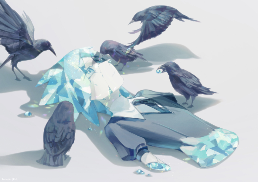 1other absurdres androgynous bird black_necktie black_suit broken commentary crow english_commentary expressionless flying formal_clothes gem green_eyes green_gemstone highres houseki_no_kuni missing_limb necktie other_focus phlic phosphophyllite puffy_short_sleeves puffy_sleeves severed_hand severed_limb severed_torso shirt short_hair short_sleeves simple_background solo suit upper_body white_background white_shirt