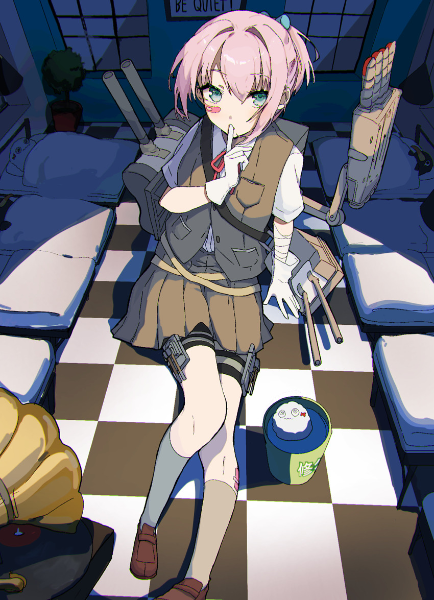 1girl bandaged_arm bandages bandaid bandaid_on_cheek bandaid_on_face bed blue_eyes bucket checkered_floor commentary_request failure_penguin gloves grey_socks highres index_finger_raised indoors kantai_collection kneehighs loafers looking_at_viewer miss_cloud pink_hair plant pleated_skirt ponytail potted_plant repair_bucket ribbon shamomo shiranui_(kancolle) shirt shoes short_sleeves skirt socks solo thigh_strap torpedo_tubes vest white_gloves white_shirt