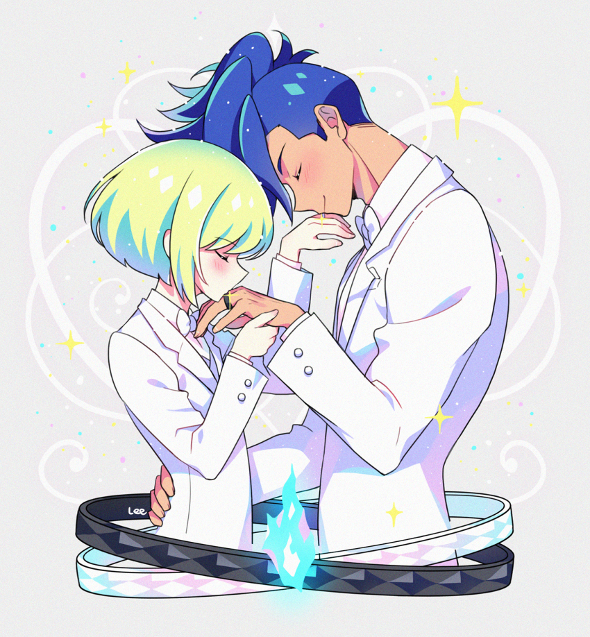 androgynous asymmetrical_hair blue_hair fire formal_clothes galo_thymos green_hair height_difference highres husband_and_husband jewelry kangyui lio_fotia mohawk promare pyrokinesis ring sidecut spiked_hair suit undercut wedding wedding_ring white_suit yaoi
