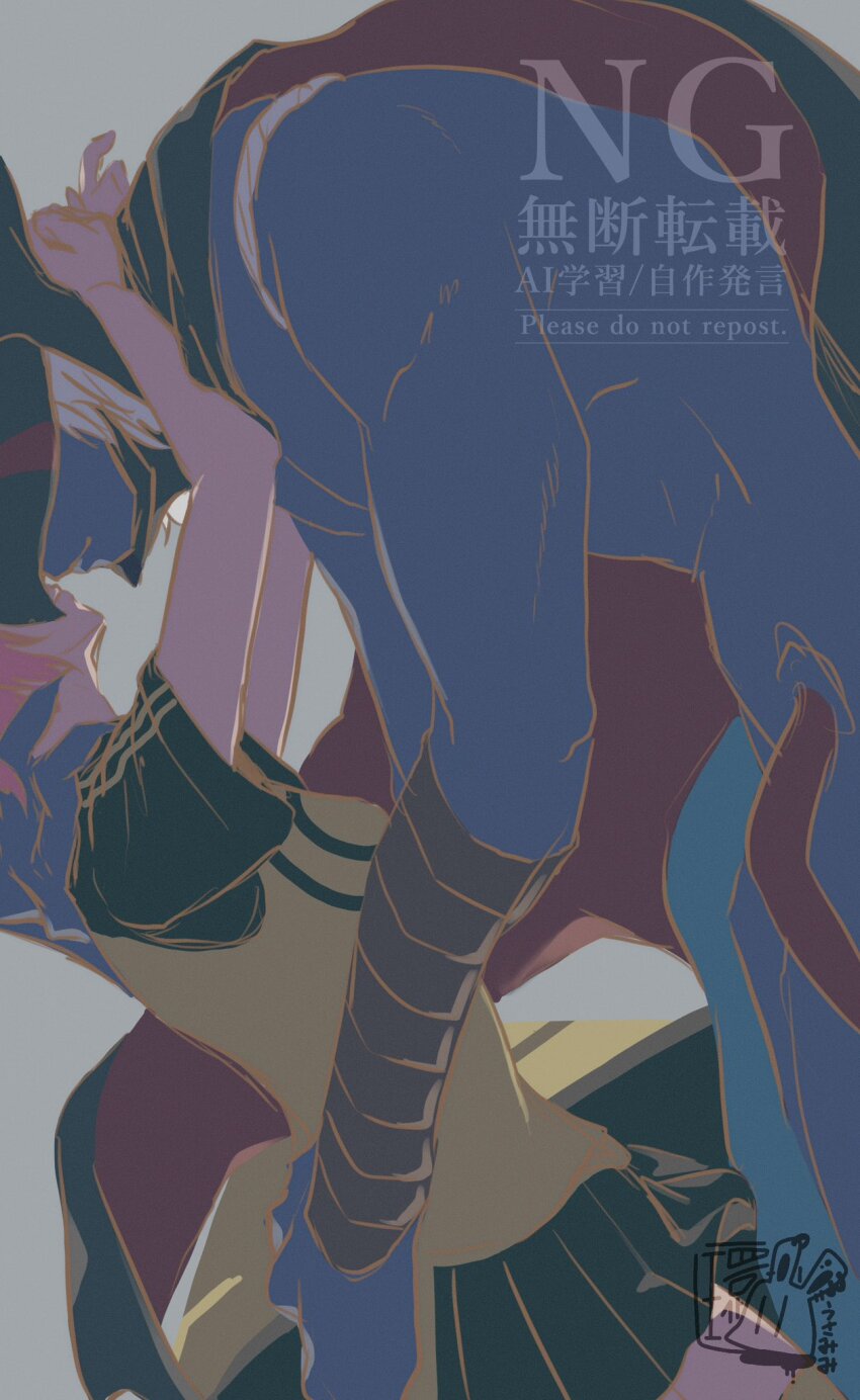 1boy 1girl aiba_ami apocalymon arms_around_neck black_cape black_shirt black_skirt blue_skin cape colored_skin cowboy_shot digimon digimon_(creature) digimon_story:_cyber_sleuth grey_background hetero highres imminent_kiss miniskirt pleated_skirt red_hair shirt simple_background skirt smile usamimi_(fantasyyyyys) watermark yellow_shirt