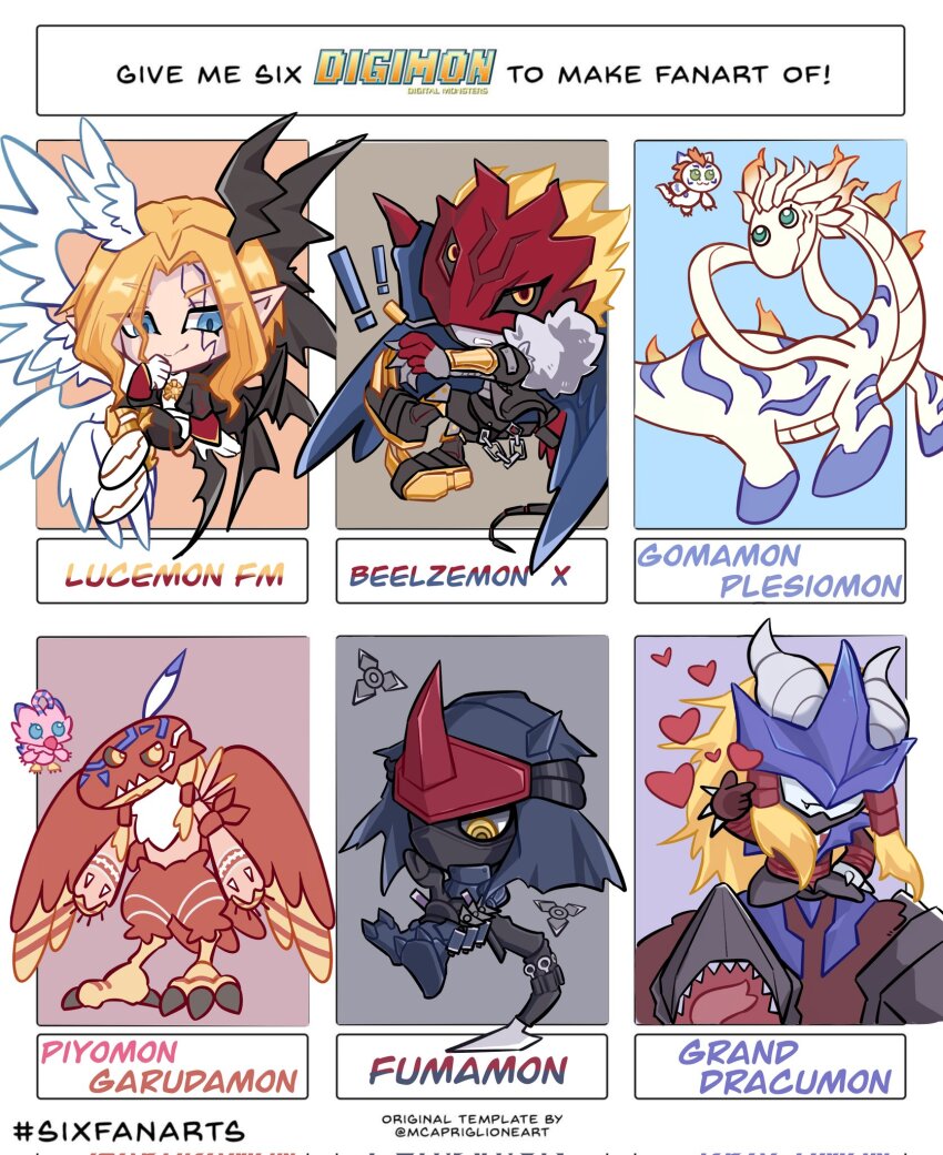 beelzebumon beelzebumon_x-antibody digimon digimon_(creature) fumamon fusion garudamon gomamon granddracumon highres lucemon_falldown_mode mask ninja piyomon plesiomon vampire wings