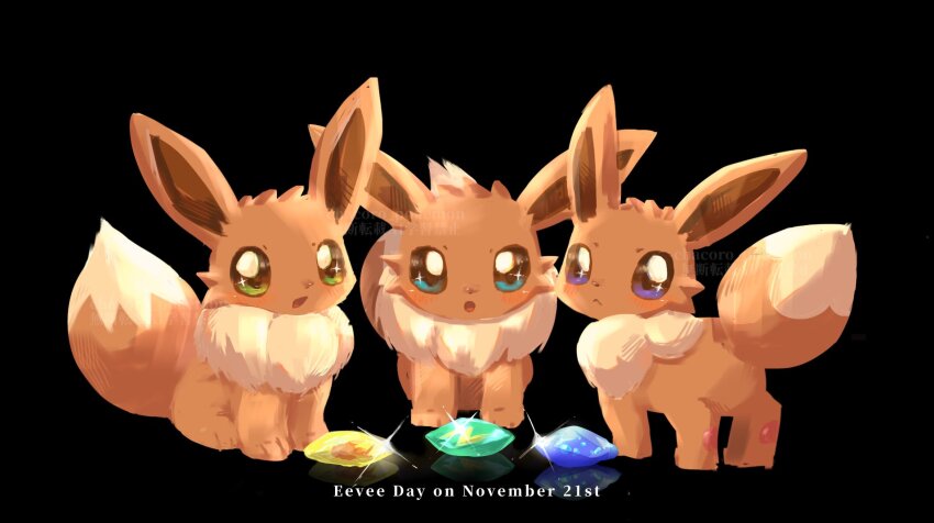 animal_focus aqua_eyes black_background blush chacoro_pokemon closed_mouth commentary eevee evolution_stone evolutionary_stone fire_stone game_freak gen_1_pokemon highres looking_at_viewer nintendo no_humans open_mouth pokemon pokemon_(creature) purple_eyes reflection standing thunder_stone water_stone yellow_eyes