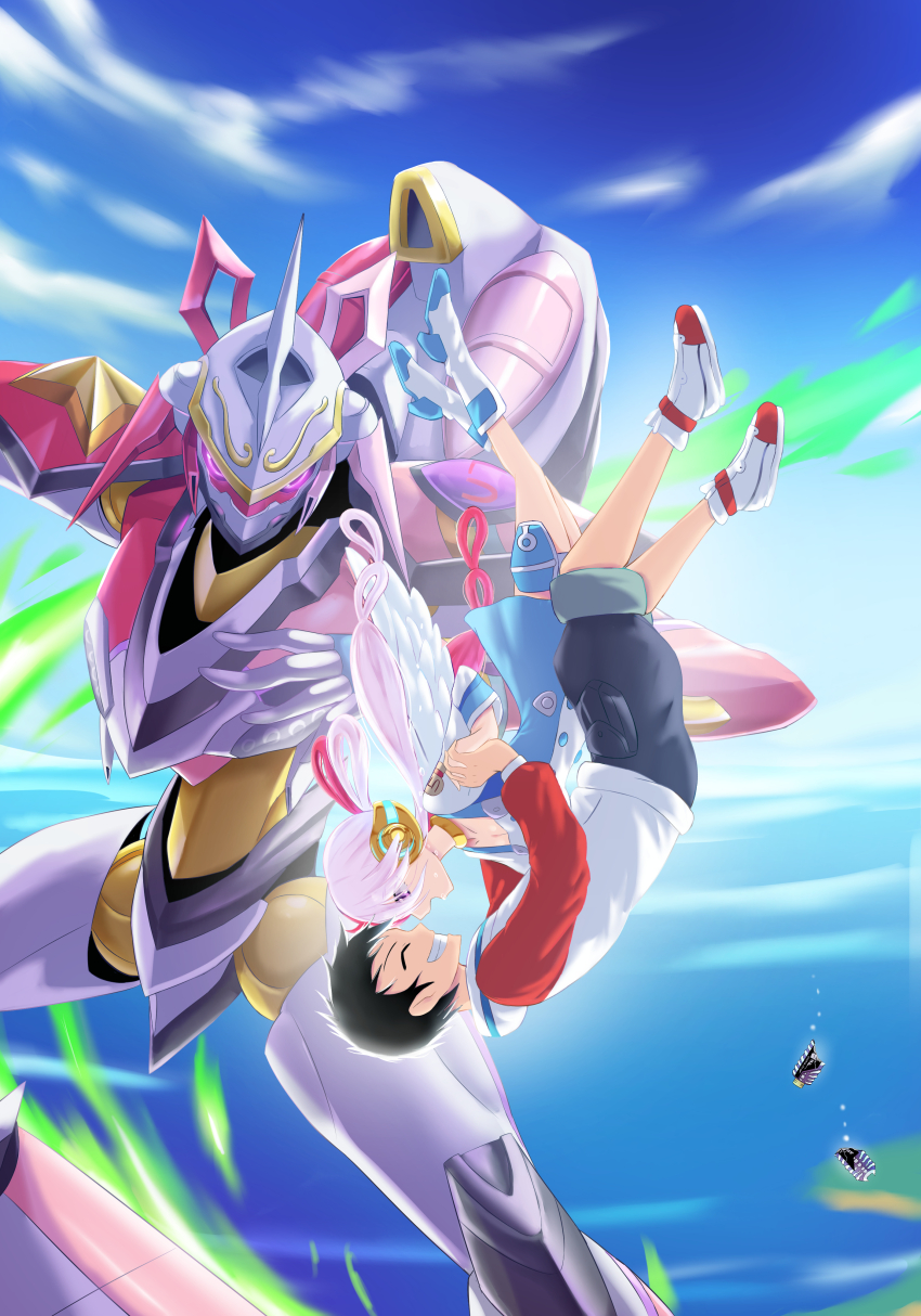 1boy 1girl absurdres aged_down black_hair black_shorts closed_eyes dress eureka_seven eureka_seven_(series) falling hair_over_one_eye headphones highres knightmare_frame long_hair long_sleeves mecha monkey_d._luffy multicolored_clothes multicolored_hair one_piece one_piece_film:_red purple_eyes red_hair robot shoes short_hair shorts smile split-color_hair two-tone_hair uta_(one_piece) white_hair zerokun135