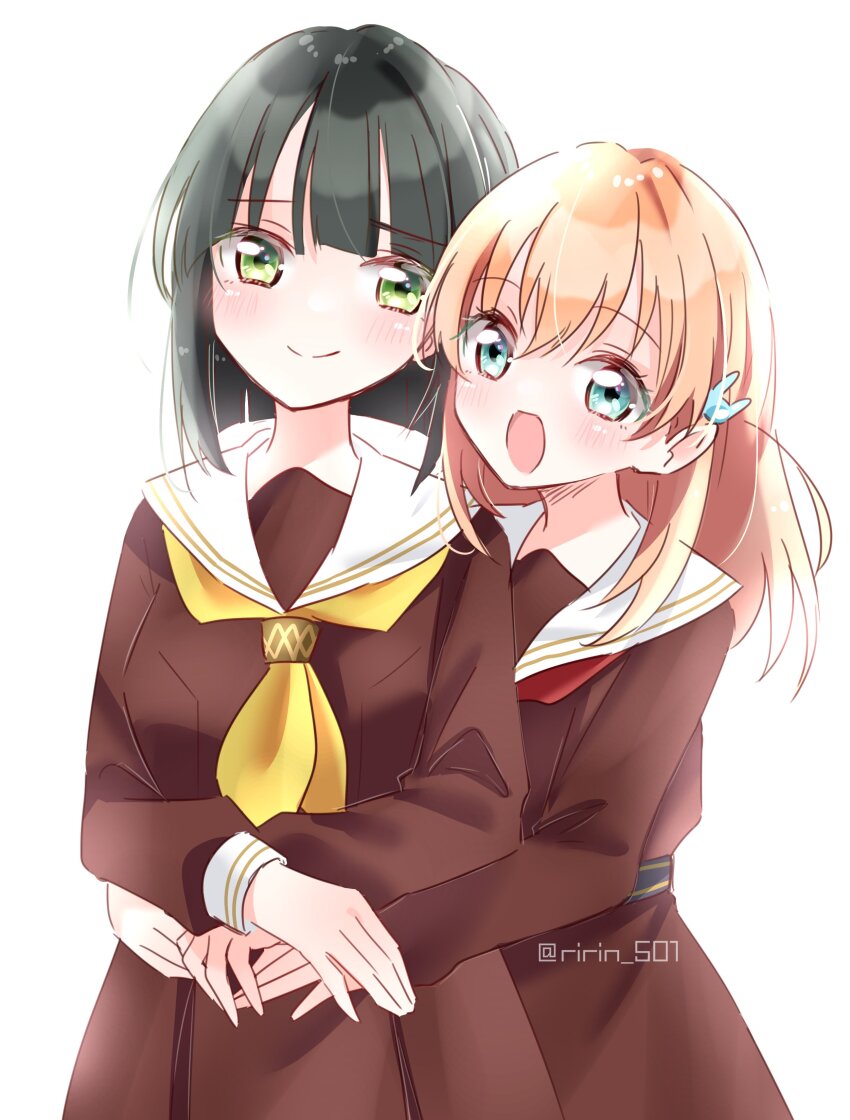 2girls :d absurdres black_hair blunt_bangs blunt_ends blush bob_cut brown_dress cerise_bouquet closed_mouth commentary dress hair_ornament hasu_no_sora_school_uniform highres hinoshita_kaho hug hug_from_behind link!_like!_love_live! long_sleeves looking_at_viewer love_live! medium_hair momose_ginko multiple_girls neckerchief open_mouth orange_hair rabbit_hair_ornament raised_inner_eyebrows red_neckerchief ririn_(ririn_501) sailor_collar sailor_dress school_uniform short_hair simple_background smile split_mouth symbol-only_commentary twitter_username two_side_up virtual_youtuber white_background white_sailor_collar winter_uniform yellow_neckerchief