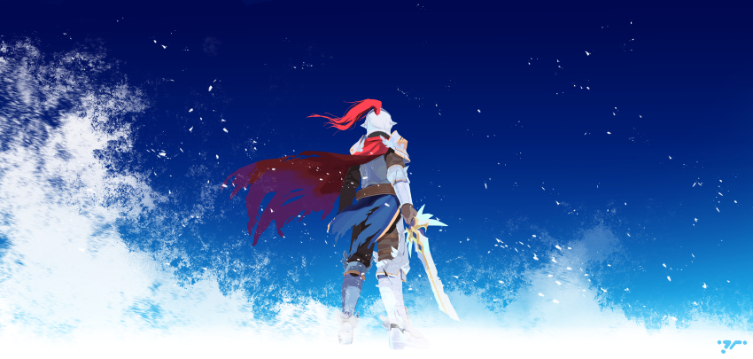 1boy absurdres armor armored_boots boots broken broken_armor broken_sword broken_weapon canister_(pixiv) cape clear_sky full_armor full_body grey_helmet guardian_tales helmet highres holding holding_sword holding_weapon male_knight_(guardian_tales) red_cape shoulder_armor sky sword upper_body weapon