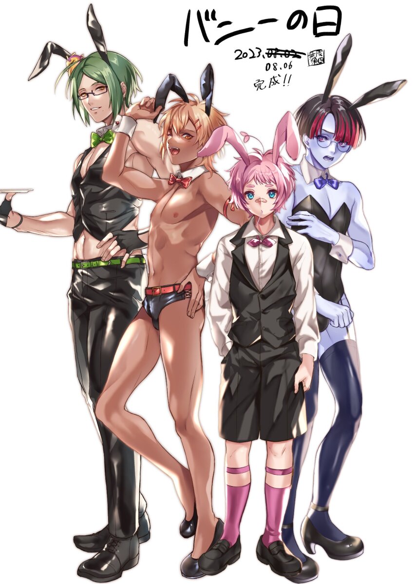 4boys animal_ears bandaid bandaid_on_face bandaid_on_nose black_gloves black_hair black_shoes black_shorts black_thighhighs black_vest blonde_hair blue_bow blue_bowtie blue_eyes blue_skin bow bowtie brown_hair bulge colored_skin commentary_request crossdressing dark-skinned_male dark_skin dated detached_collar fake_animal_ears fake_tail fingerless_gloves garter_straps glasses gloves green_hair hair_ornament hairclip half_gloves hand_on_own_hip highres holding holding_tray leotard loafers male_focus male_playboy_bunny micro_shorts mole mole_under_mouth mugen_no_sudadokei multicolored_hair multiple_boys navel original pink_hair purple_eyes purple_socks rabbit_ears rabbit_tail red_bow red_bowtie red_hair round_eyewear shoes shorts signature socks strapless strapless_leotard streaked_hair tail thick_eyebrows thighhighs topless_male translation_request tray two-tone_hair vest yellow_eyes