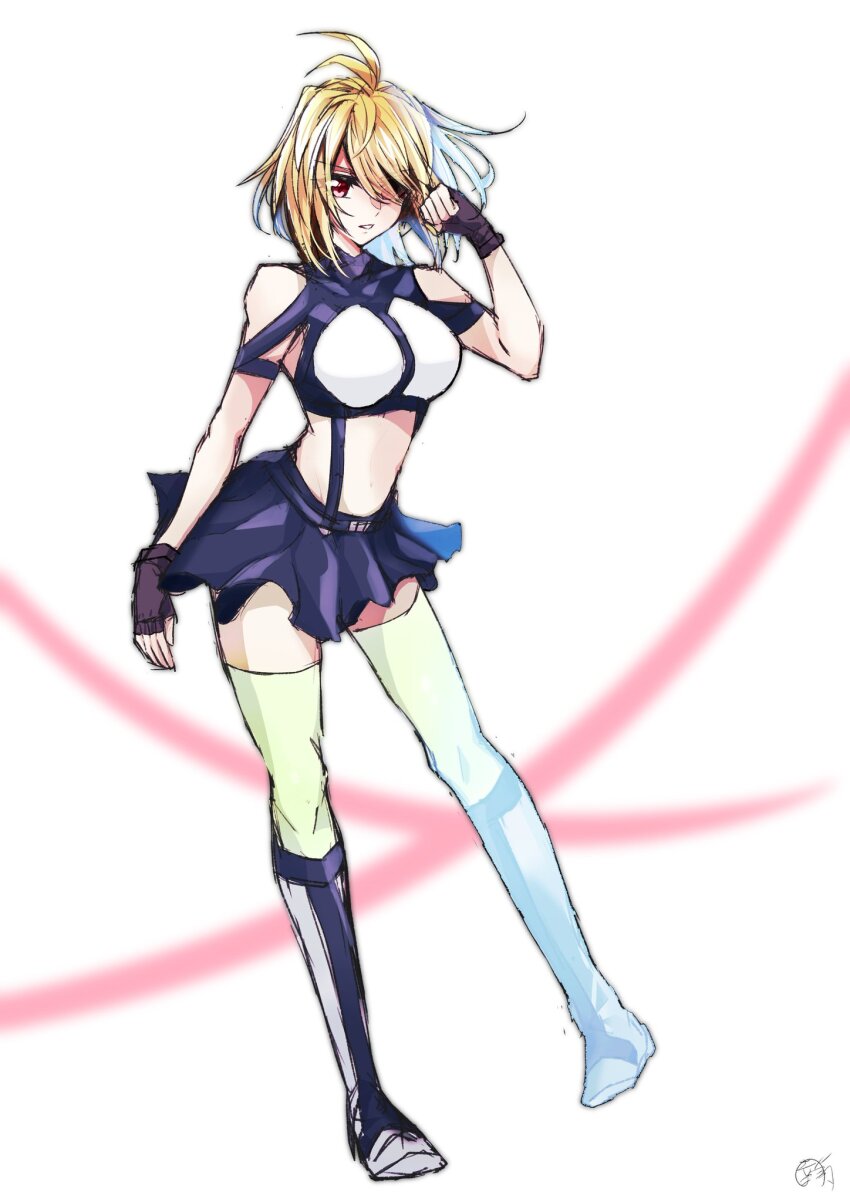 1girl angelise_ikaruga_misurugi ankle_boots antenna_hair arm_up artist_name bare_shoulders belt belt_skirt black_boots black_gloves black_shirt black_skirt black_trim blonde_hair boots clenched_hand commentary_request cross_ange eyebrows_hidden_by_hair eyelashes fingerless_gloves full_body gloves green_thighhighs hair_over_one_eye highres long_bangs looking_down medium_hair midriff multi-strapped_shirt multicolored_boots parted_hair parted_lips red_eyes shirt short_sleeves signature simple_background skirt solo standing standing_on_one_leg swept_bangs thighhighs two-tone_boots v-shaped_eyebrows white_background white_boots white_trim ysayoyuki zettai_ryouiki