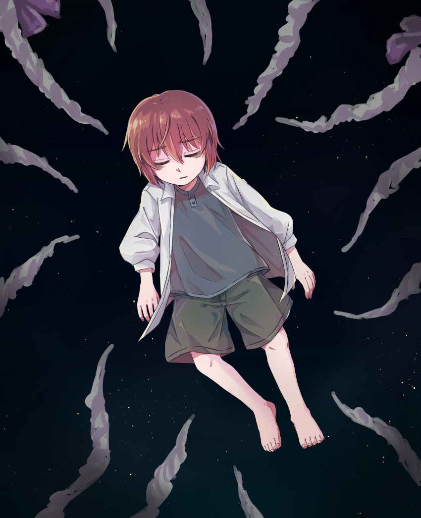 1girl absurdres barefoot child closed_eyes delfuze floating full_body green_shorts grey_shirt hatori_chise highres jacket mahou_tsukai_no_yome open_clothes open_jacket parted_lips red_hair shirt short_hair shorts solo tentacles white_jacket