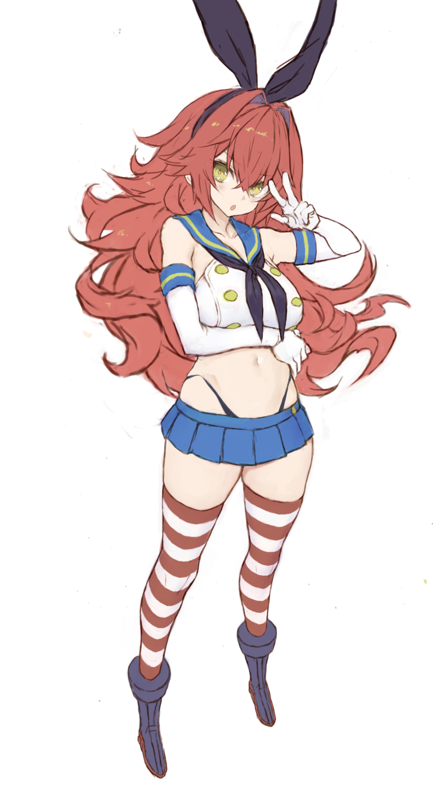 1girl absurdres arm_under_breasts black_neckerchief black_panties blue_skirt boots breasts cosplay crop_top elbow_gloves fur_trim gloves hair_between_eyes highleg highleg_panties highres kantai_collection long_hair looking_at_viewer microskirt neckerchief panties parted_lips phoenix_(kancolle) pleated_skirt red_hair revision ryo_(tg290) sailor_collar shimakaze_(kancolle) shimakaze_(kancolle)_(cosplay) simple_background skirt solo standing thighhighs underwear w white_background white_gloves yellow_eyes