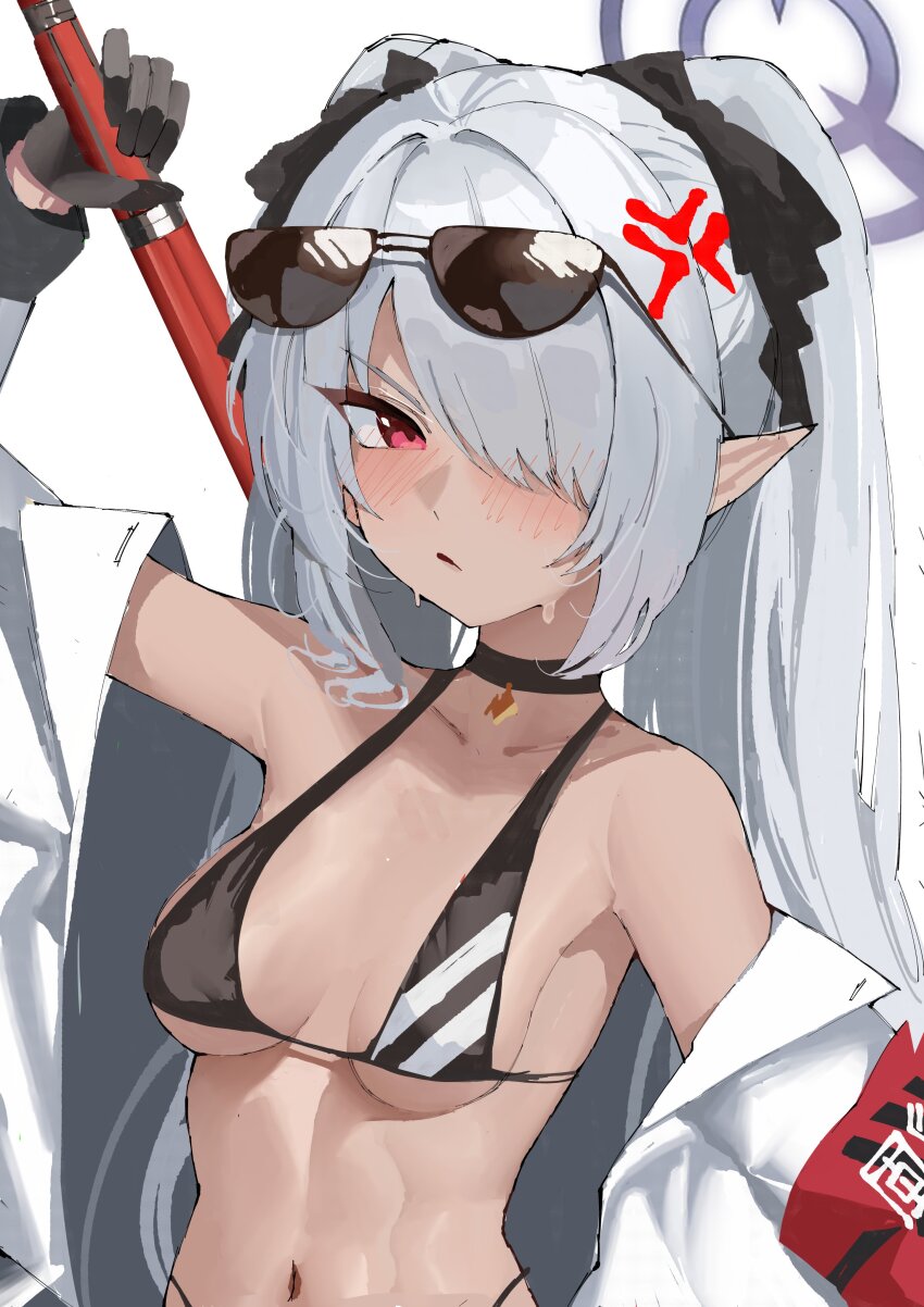 1girl absurdres anger_vein armband armpit_crease bare_shoulders baton_(weapon) bikini black_bikini black_choker blue_archive blush breasts choker collarbone djan eyewear_on_head gloves grey_hair hair_over_one_eye halo highres holding holding_weapon iori_(blue_archive) iori_(swimsuit)_(blue_archive) jacket long_hair long_sleeves looking_at_viewer navel off_shoulder official_alternate_costume purple_halo red_eyes simple_background small_breasts solo sunglasses sweat swimsuit twintails underboob weapon white_background