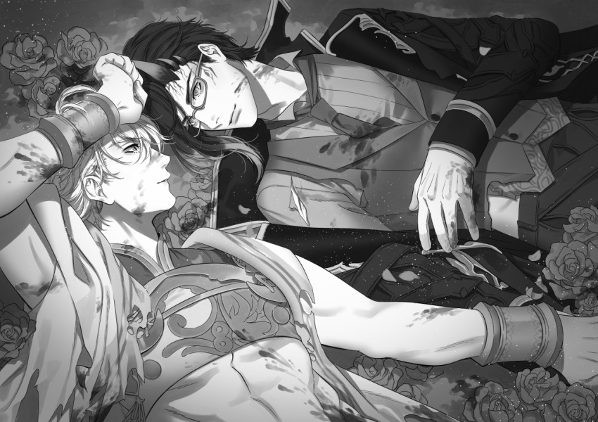2boys abs aladdin_(sinoalice) arabian_clothes armor blood blood_on_clothes blood_on_face breastplate butler cape closed_mouth collared_shirt commission flower formal_clothes glasses grin hair_slicked_back hameln_(sinoalice) holding_hands horns looking_at_another mage_(mgmg_ff) male_focus monochrome multicolored_hair multiple_boys parted_lips rose scratches shirt short_hair sinoalice smile torn_clothes two-tone_hair yaoi
